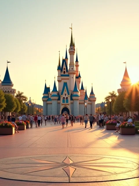 Vista panorâmica do castelo do Magic Kingdom visto de longe com caminho central florido