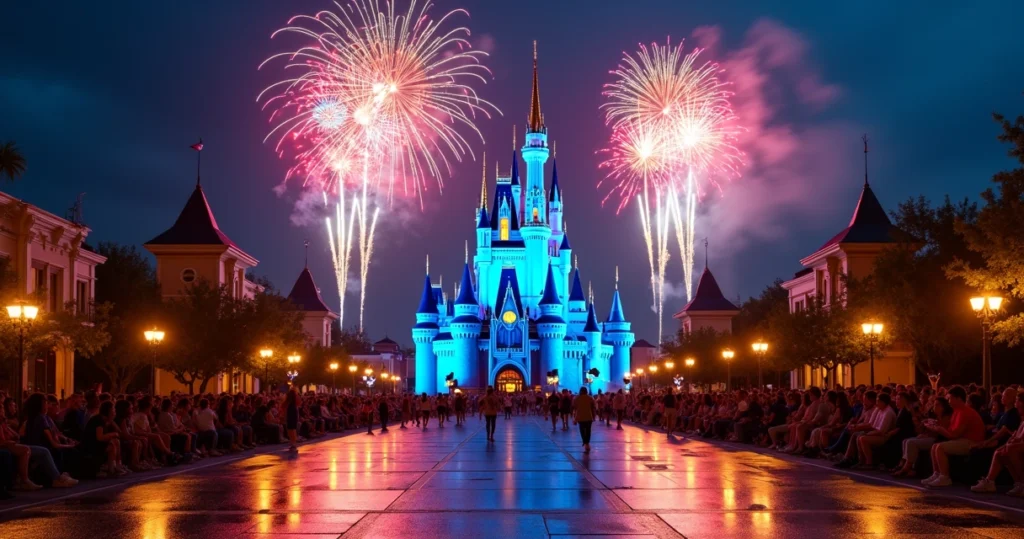 Panorama do Castelo da Cinderela iluminado com fogos no Magic Kingdom