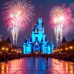 Panorama do Castelo da Cinderela iluminado com fogos no Magic Kingdom