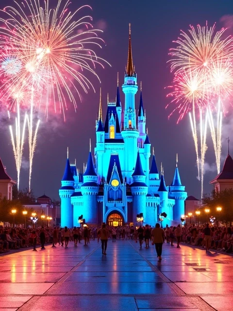 Panorama do Castelo da Cinderela iluminado com fogos no Magic Kingdom