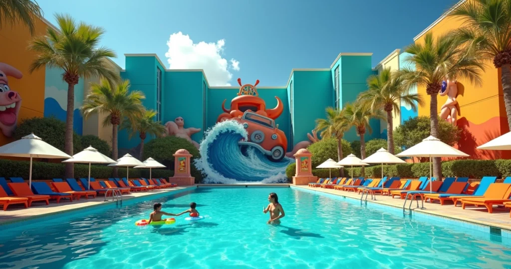 Família em piscina temática com fachada colorida de suítes no Disney Art of Animation