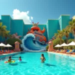 Família em piscina temática com fachada colorida de suítes no Disney Art of Animation