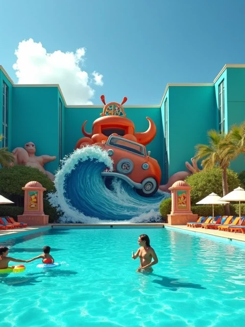 Família em piscina temática com fachada colorida de suítes no Disney Art of Animation