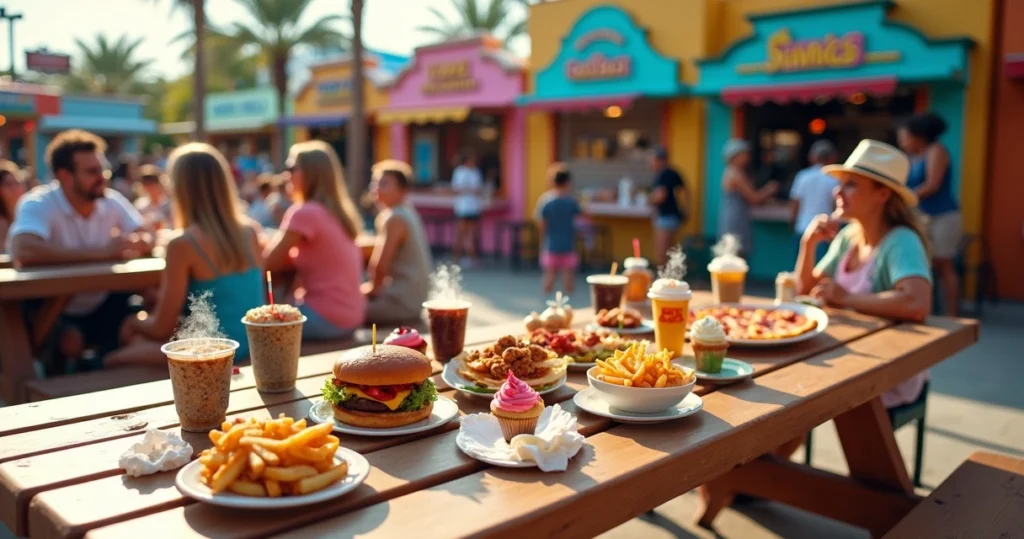 Mesa com famílias comendo em praça de alimentação de parque temático em Orlando