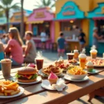 Mesa com famílias comendo em praça de alimentação de parque temático em Orlando