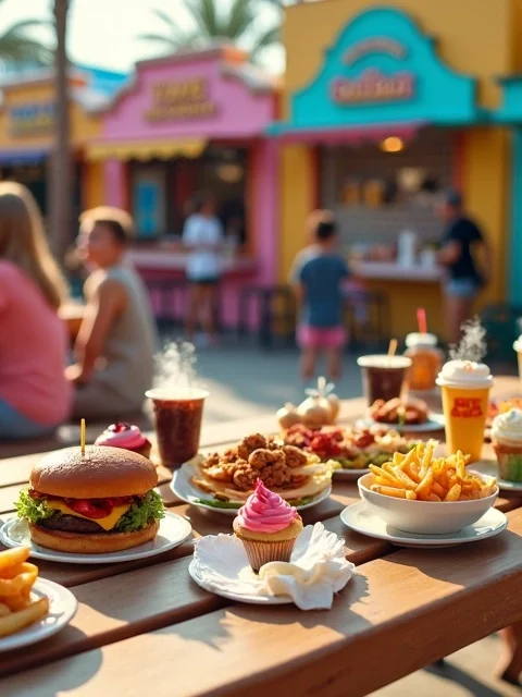 Mesa com famílias comendo em praça de alimentação de parque temático em Orlando