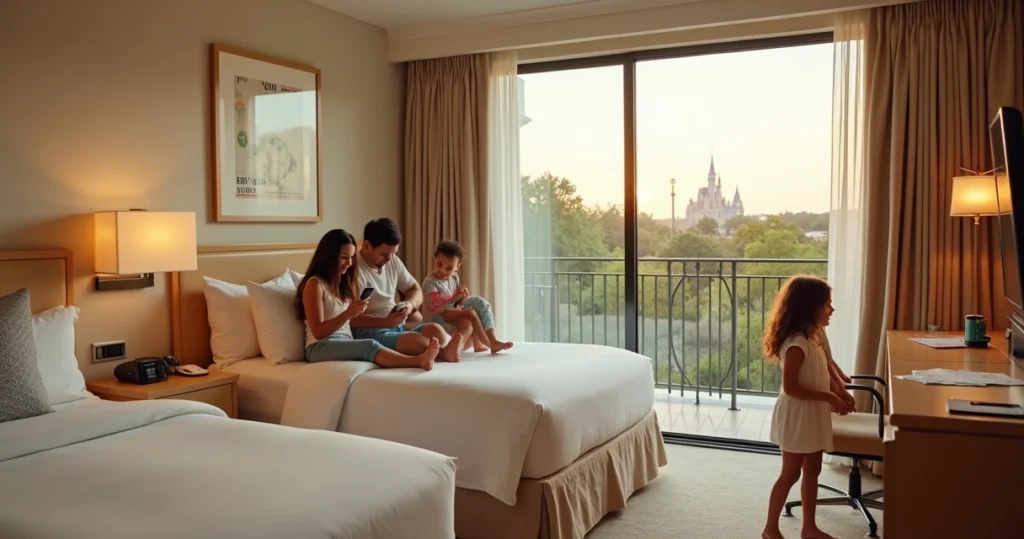 Quarto de hotel temático da Disney com vista para parque ao fundo