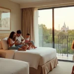 Quarto de hotel temático da Disney com vista para parque ao fundo