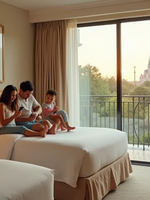 Quarto de hotel temático da Disney com vista para parque ao fundo