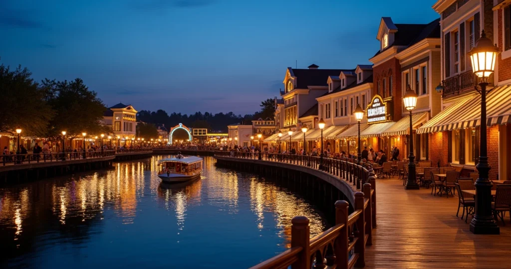 Calçadão iluminado do Disney Boardwalk à beira do lago ao anoitecer