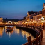 Calçadão iluminado do Disney Boardwalk à beira do lago ao anoitecer