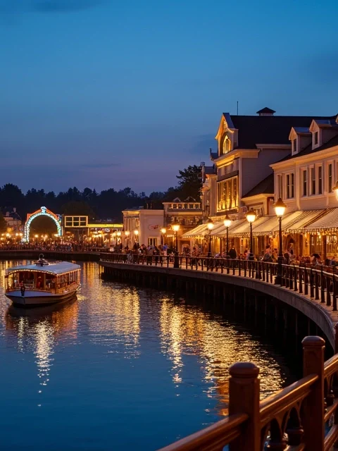 Calçadão iluminado do Disney Boardwalk à beira do lago ao anoitecer
