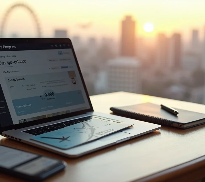 Cartão de embarque com milhas aéreas e vista de Orlando ao fundo