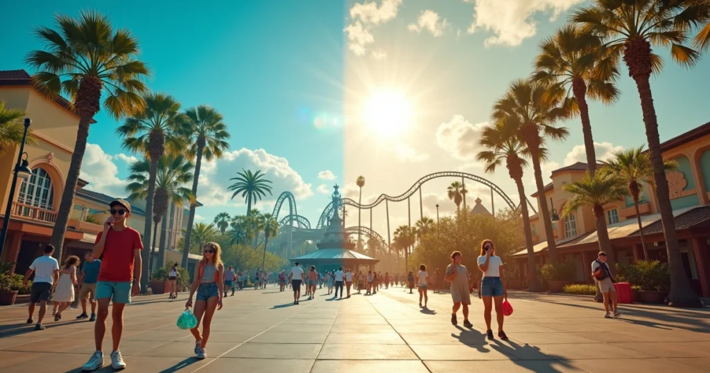 Composição dividida mostrando parque de Orlando no calor e no frio