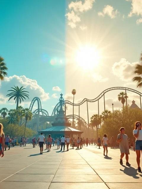 Composição dividida mostrando parque de Orlando no calor e no frio