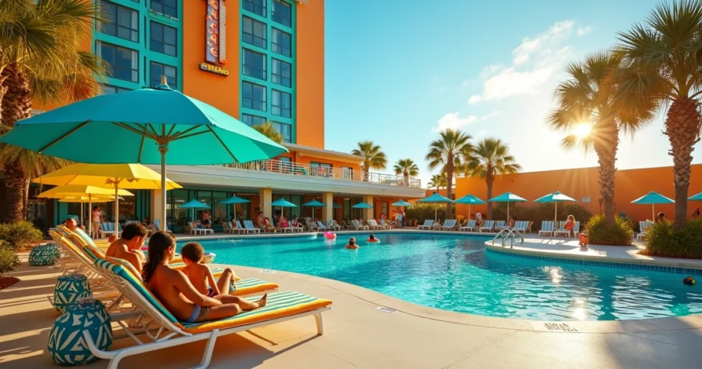 Família relaxando em espreguiçadeiras na área da piscina estilo resort com vista para o Cabana Bay em Orlando