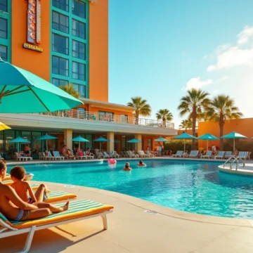 Família relaxando em espreguiçadeiras na área da piscina estilo resort com vista para o Cabana Bay em Orlando