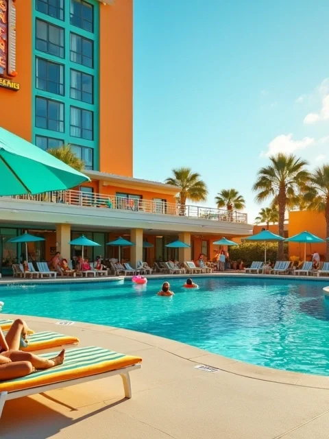 Família relaxando em espreguiçadeiras na área da piscina estilo resort com vista para o Cabana Bay em Orlando