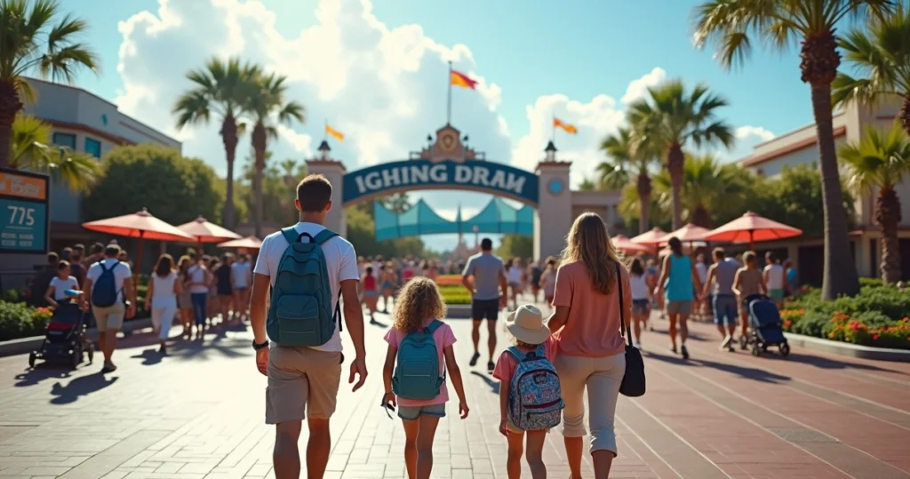 Família caminhando em frente à entrada cheia de um parque em Orlando na primavera