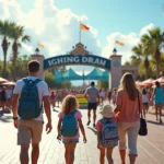 Família caminhando em frente à entrada cheia de um parque em Orlando na primavera