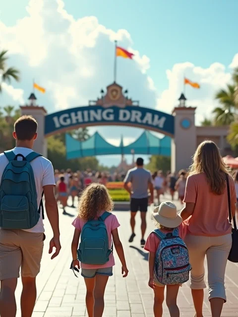 Família caminhando em frente à entrada cheia de um parque em Orlando na primavera