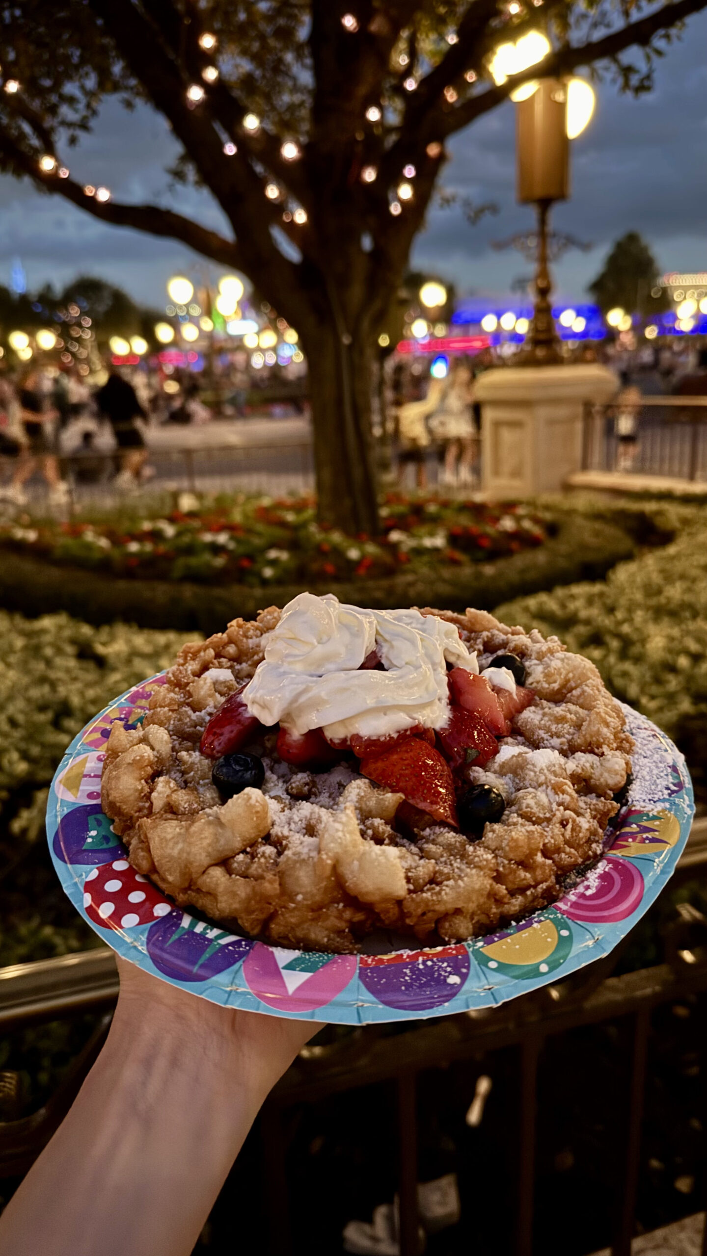 Funnel cake com morango chantilly e blueberry no Magic Kingdom