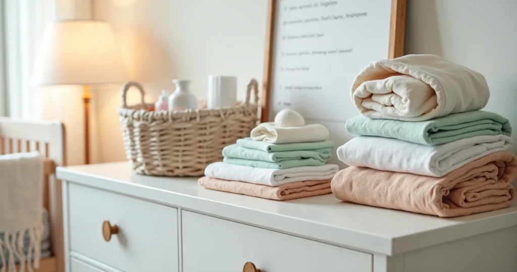 Camisa de bebê, fraldas e manta organizados em cômoda de quarto infantil neutro