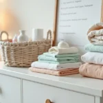 Camisa de bebê, fraldas e manta organizados em cômoda de quarto infantil neutro