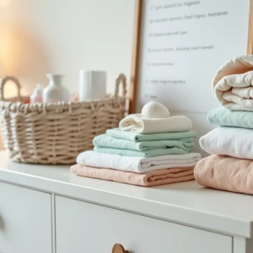 Camisa de bebê, fraldas e manta organizados em cômoda de quarto infantil neutro