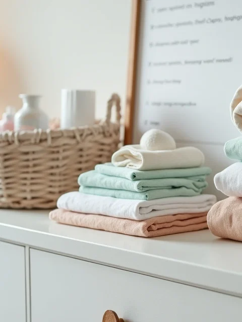 Camisa de bebê, fraldas e manta organizados em cômoda de quarto infantil neutro