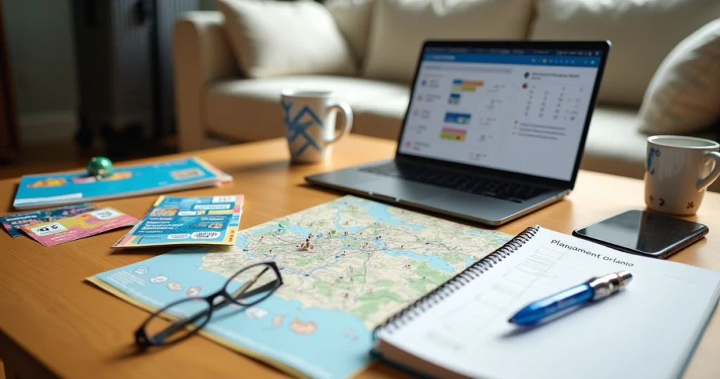 Mesa com ingressos da Disney, mapa de parque e celular aberto no aplicativo de reservas