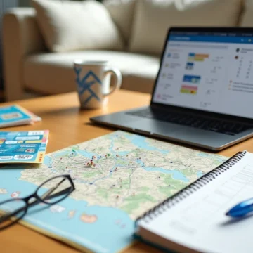 Mesa com ingressos da Disney, mapa de parque e celular aberto no aplicativo de reservas