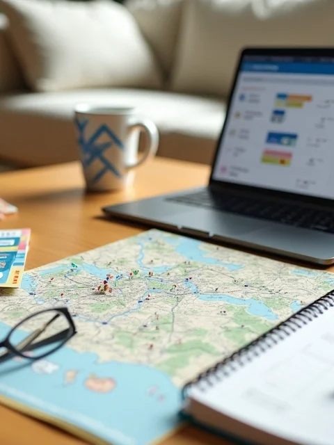 Mesa com ingressos da Disney, mapa de parque e celular aberto no aplicativo de reservas