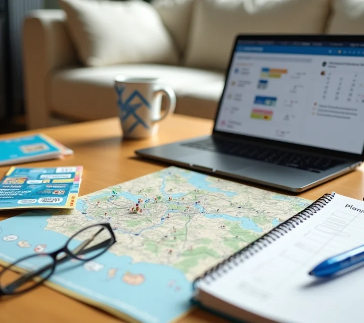 Mesa com ingressos da Disney, mapa de parque e celular aberto no aplicativo de reservas