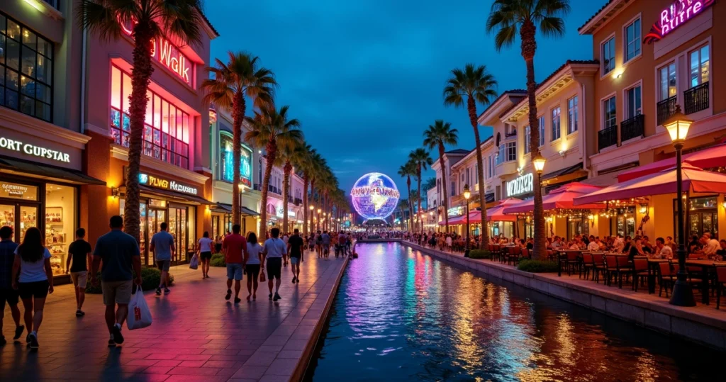 Vista noturna do Universal CityWalk com turistas caminhando entre restaurantes iluminados