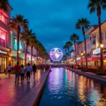 Vista noturna do Universal CityWalk com turistas caminhando entre restaurantes iluminados
