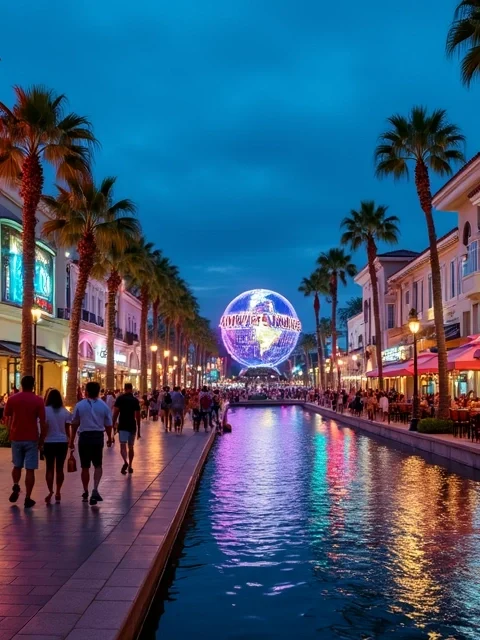 Vista noturna do Universal CityWalk com turistas caminhando entre restaurantes iluminados