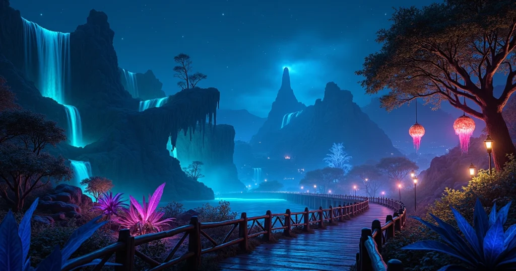 Montanhas flutuantes iluminadas em Pandora à noite no Animal Kingdom