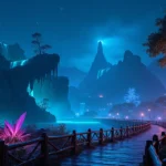 Montanhas flutuantes iluminadas em Pandora à noite no Animal Kingdom