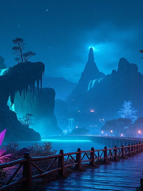 Montanhas flutuantes iluminadas em Pandora à noite no Animal Kingdom