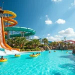 Toboágua gigante em parque aquático de Orlando com boias coloridas e céu azul ao fundo