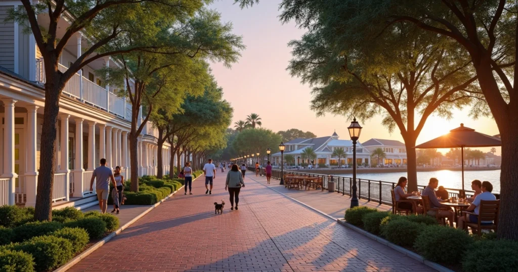 Rua arborizada com casas coloniais e lago ao fundo em Celebration Orlando ao entardecer