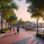 Rua arborizada com casas coloniais e lago ao fundo em Celebration Orlando ao entardecer