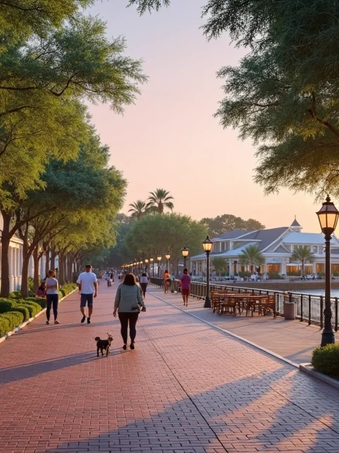 Rua arborizada com casas coloniais e lago ao fundo em Celebration Orlando ao entardecer