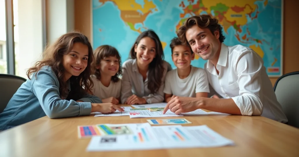 Família brasileira consultando seguro viagem em frente a mapa dos Estados Unidos