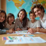 Família brasileira consultando seguro viagem em frente a mapa dos Estados Unidos