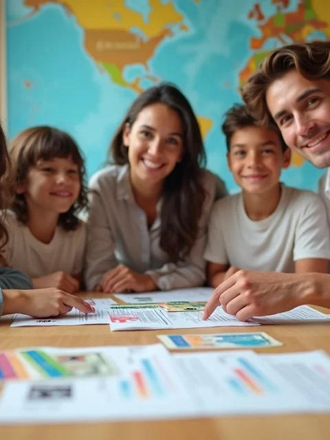 Família brasileira consultando seguro viagem em frente a mapa dos Estados Unidos