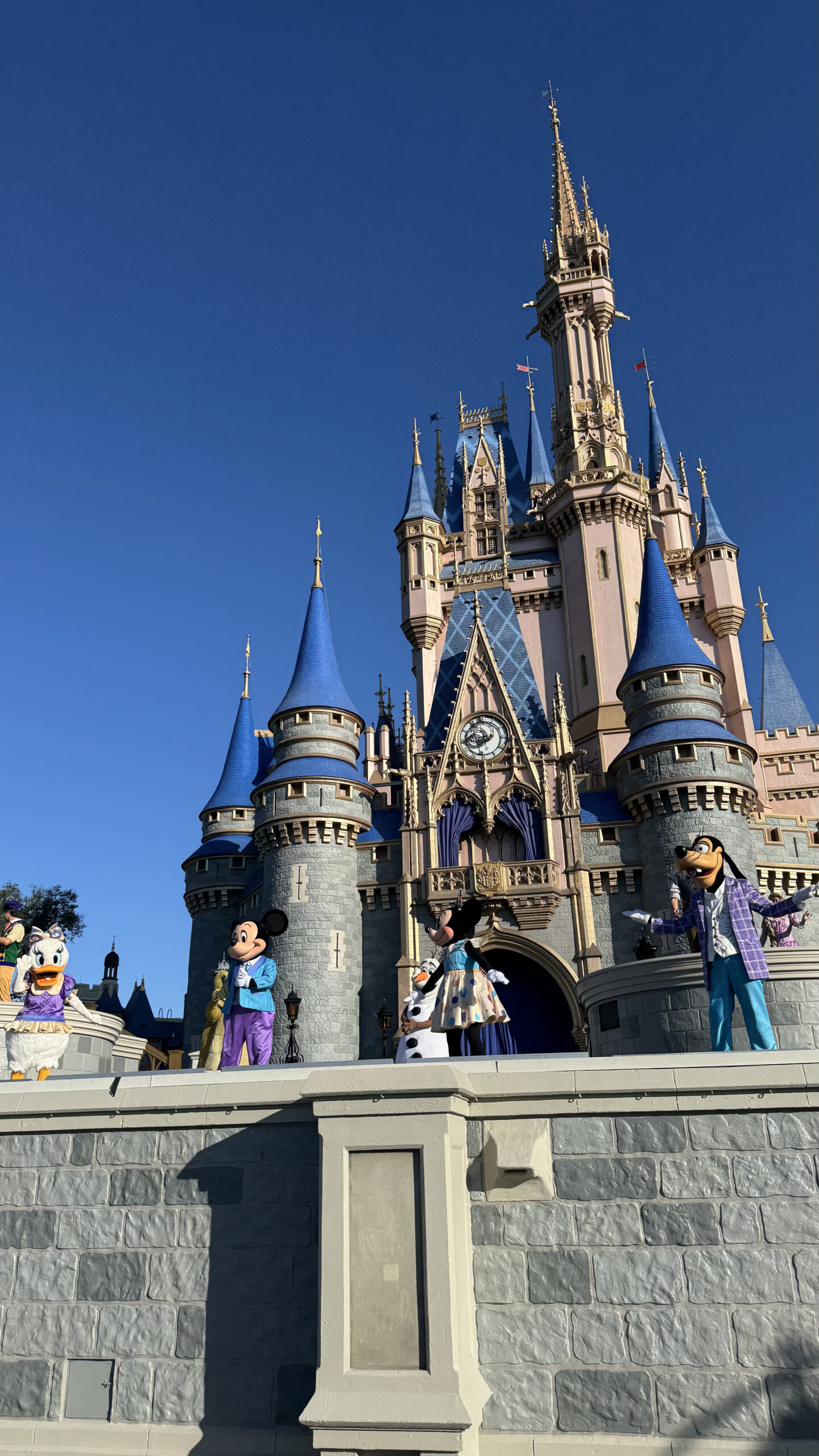 Show de abertura do Magic Kingdom com personagens no palco do castelo