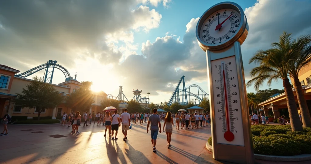 Termômetro grande em frente à entrada de parque em Orlando ao pôr do sol