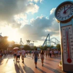 Termômetro grande em frente à entrada de parque em Orlando ao pôr do sol